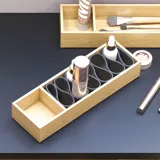 Large bathroom inspiration with vanity units and brown oak slats, freestanding bathtub, and square mirrors with light, elegant double sink gives a modern and symmetrical look