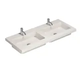 Elegant and modern bathroom inspiration with dark marble walls, round illuminated mirrors with black frames, wall-mounted vanity unit with double sinks, and a spacious shower area