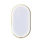 Large bathroom in green colors with vanity unit, brass framed oval mirror and beautiful framed doors