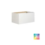 Stylish bathroom inspiration with beige vanity unit with inner drawer, upper cabinet, open shelf, oval mirror with lighting, matching pendants, shelf under the mirror, and wall-mounted toilet. Walls with light, elongated tiles