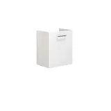 Bathroom with sloping ceiling inspiration with small white vanity unit and tall cabinet with round black handles, as well as beautiful round mirror, orange tiles give a fresh and modern look.