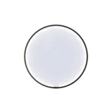 Elegant and modern bathroom inspiration with dark marble walls, round illuminated mirrors with black frames, wall-mounted vanity unit with double sinks, and a spacious shower area