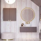 Bathroom inspiration with custom purple cabinets featuring elegant grooves, stylish countertop with a vessel sink, large mirror with brass edge, tiles and walls in purple shades create a romantic and feminine look