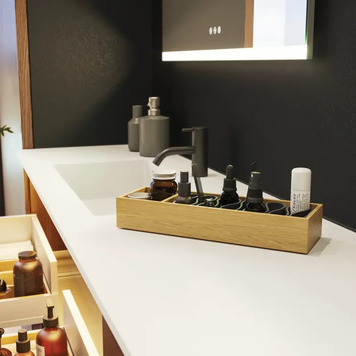 Large bathroom inspiration with vanity units and brown oak slats, freestanding bathtub, and square mirrors with light, elegant double sink gives a modern and symmetrical look