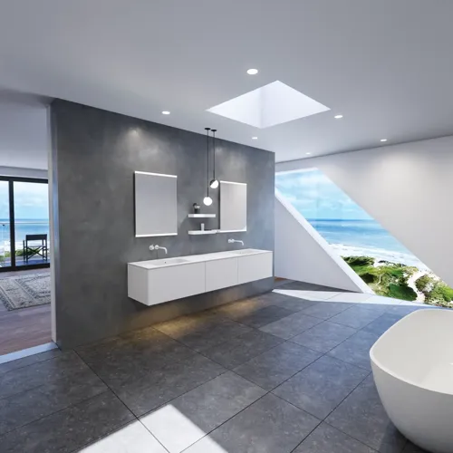 Large and modern minimalist bathroom inspiration with double sinks, square mirrors with light control, stylish pendant lights, large grey tiles, and a spacious design with plenty of natural light
