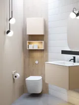 Stylish bathroom inspiration with beige vanity unit with inner drawer, upper cabinet, open shelf, oval mirror with lighting, matching pendants, shelf under the mirror, and wall-mounted toilet. Walls with light, elongated tiles