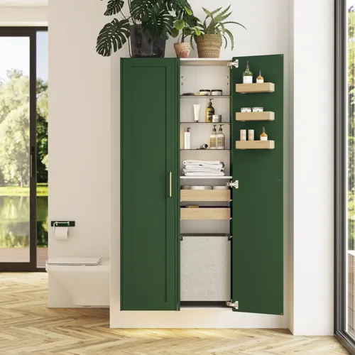 Large bathroom in green colors with vanity unit, brass framed oval mirror and beautiful framed doors