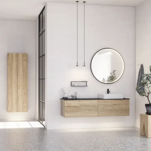 Large urban bathroom inspiration with natural oak furniture, stone countertop with square basin, round mirror with black frame, natural colors, and terracotta floor for an industrial and modern look