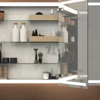 Large, elegant bathroom with dark colors, stylish mirror cabinet with integrated lighting, and luxurious stone countertop.