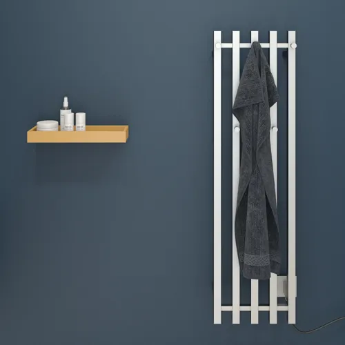 Stylish bathroom with dark blue walls, electric towel rail, and yellow wooden shelf.