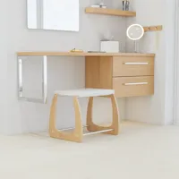 Modern makeup table in Nordic style with light wood, elegant lighting, square mirror, and storage shelves, creating a stylish and functional space.
