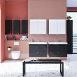 Large bathroom inspiration with bathroom furniture in Black Structure with elegant washbasins and beautiful mirror cabinets with integrated lighting, terrazzo floor and red walls and tiles for a modern and symmetrical look.