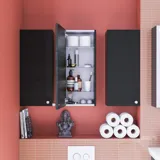 Large bathroom inspiration with bathroom furniture in Black Structure with elegant washbasins and beautiful mirror cabinets with integrated lighting, terrazzo floor and red walls and tiles for a modern and symmetrical look.