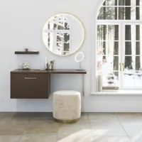 Nordic style bathroom inspiration with vanity unit and base cabinets in smoked oak, makeup area, side-mounted sink, round mirror with brass frame, and visible charming wooden beams.