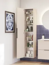 Bathroom inspiration with elongated blue tiles, elegant beige vanity unit and tall cabinet with black, minimalist and elongated handles and a round mirror with light for a beautiful and contrasting look.